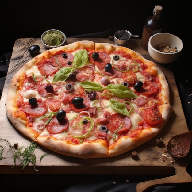 Photo pizza sauce tomate mozzarella crme frache jambon olives oignons