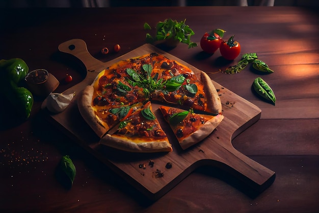 Pizza served on wooden board Generative AIxA