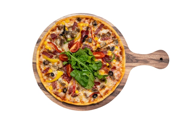 Pizza served on wooden plate