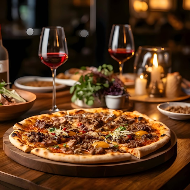 Pizza on a set table with glasses of wine and candles