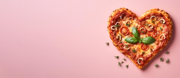 Pizza in the shape of a heart on a pink background Valentines day