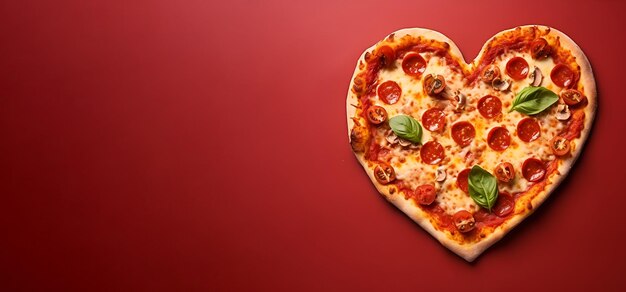 Pizza in the shape of a heart on a red background