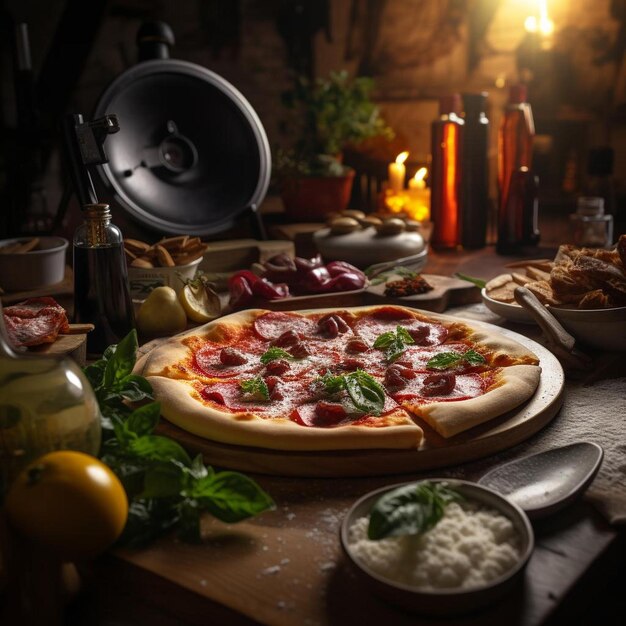 Photo a pizza sitting on top of a wooden cutting board