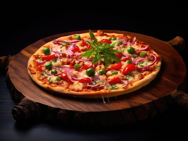 pizza sitting on a wooden plate