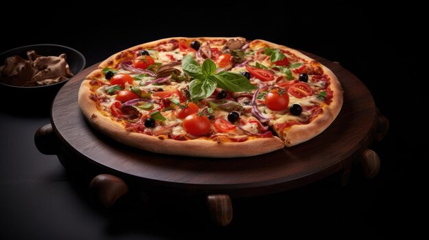 pizza sitting on a wooden plate