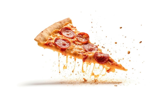 Foto fetta di pizza che vola su uno sfondo bianco che galleggia nell'aria ai generativa