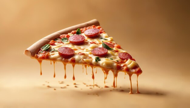 Pizza Slice of pizza with salami olives and hot dripping cheese Warm range