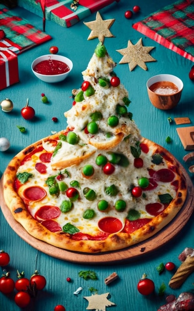 Pizza slice top view geïsoleerd op christmas achtergrond