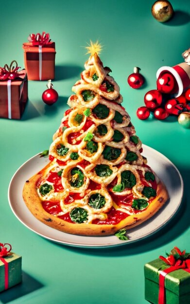 Pizza slice top view geïsoleerd op christmas achtergrond