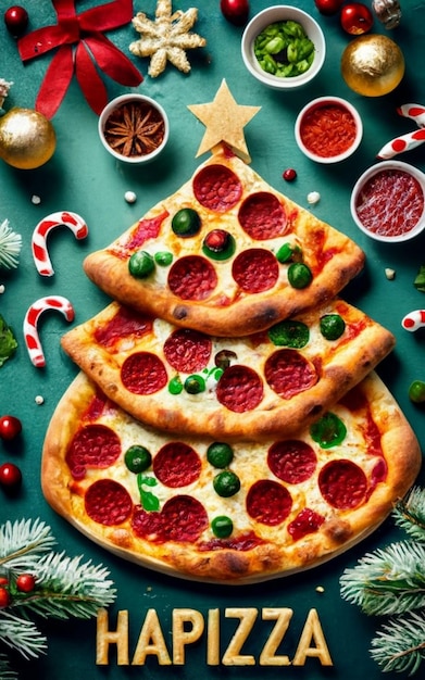 Pizza slice top view geïsoleerd op christmas achtergrond