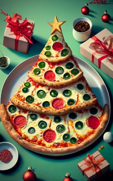 Pizza slice top view isolated on cristmas background