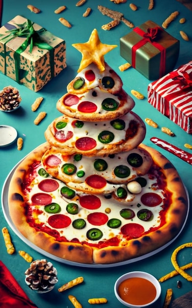 Верхний вид кусочка пиццы, изолированный на рождественском фоне