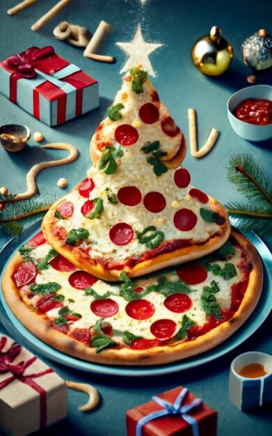 Pizza slice top view isolated on cristmas background