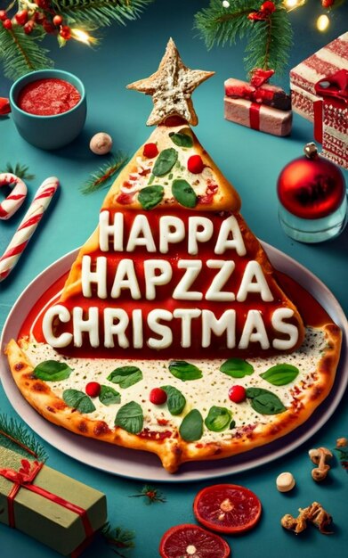 Pizza slice top view isolated on cristmas background