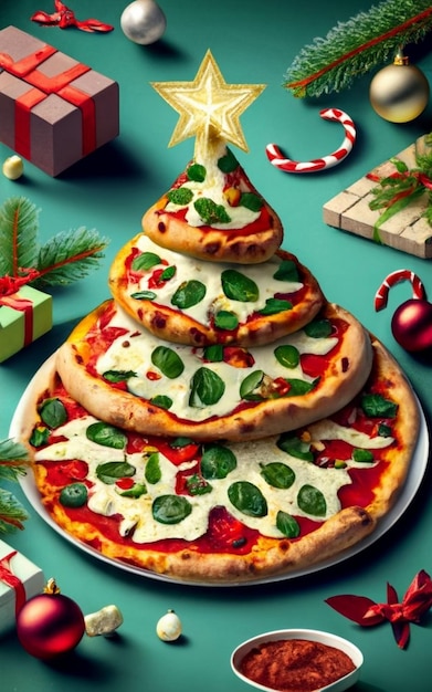 Photo pizza slice top view isolated on cristmas background