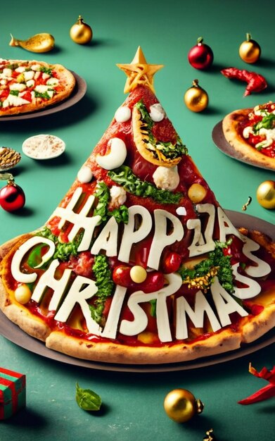 Pizza slice top view isolated on cristmas background