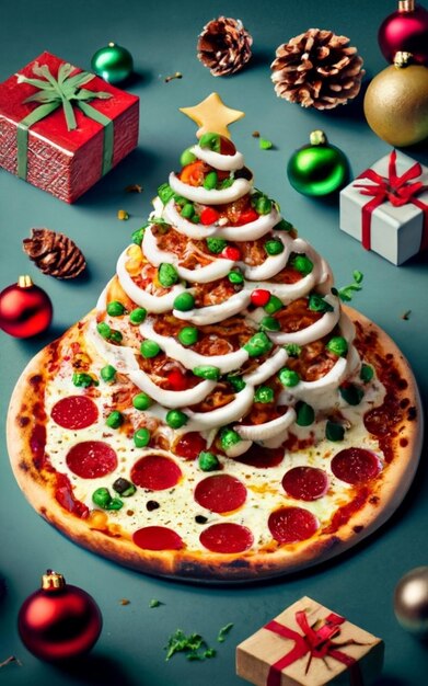 Photo pizza slice top view isolated on cristmas background