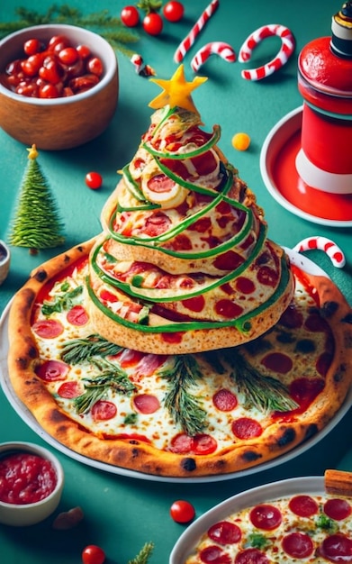 Pizza slice top view isolated on cristmas background