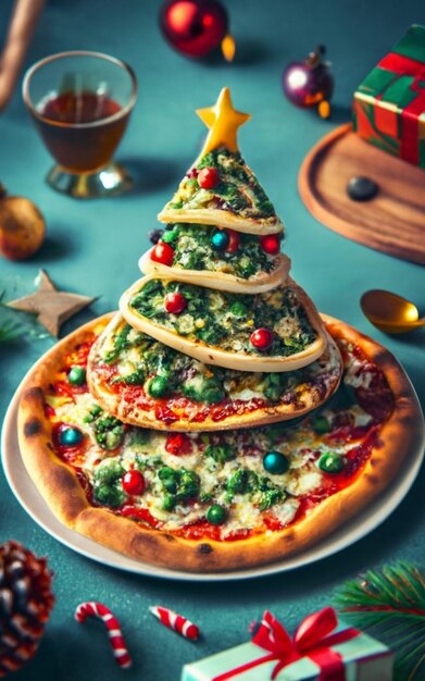 Photo pizza slice top view isolated on cristmas background