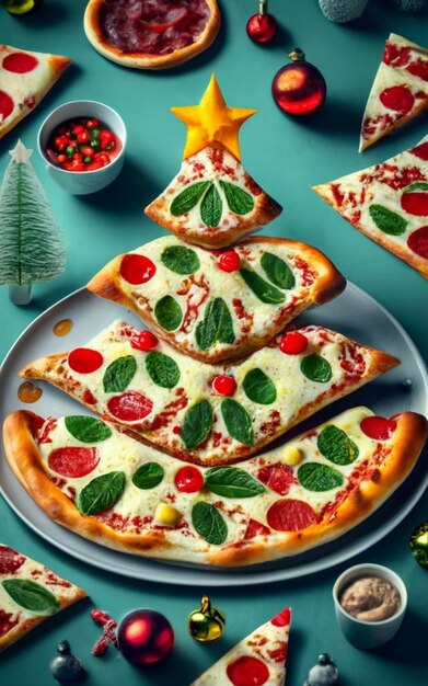 Photo pizza slice top view isolated on cristmas background