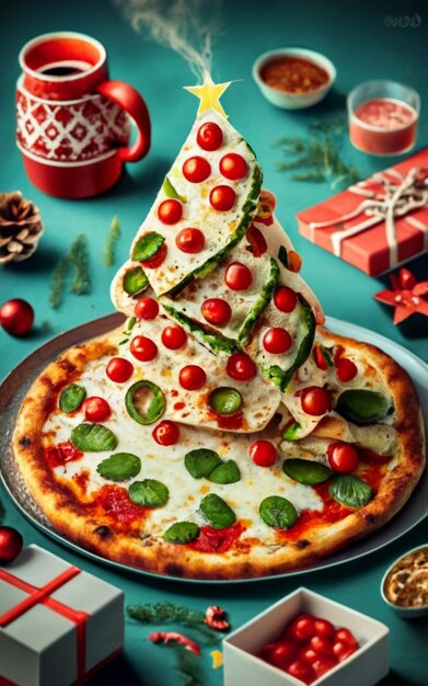 Pizza slice top view isolated on cristmas background