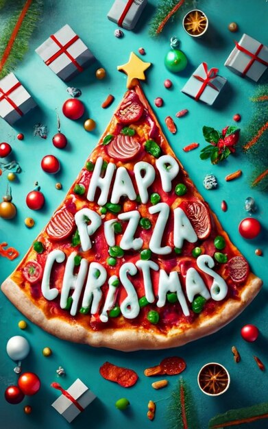 Pizza slice top view isolated on cristmas background