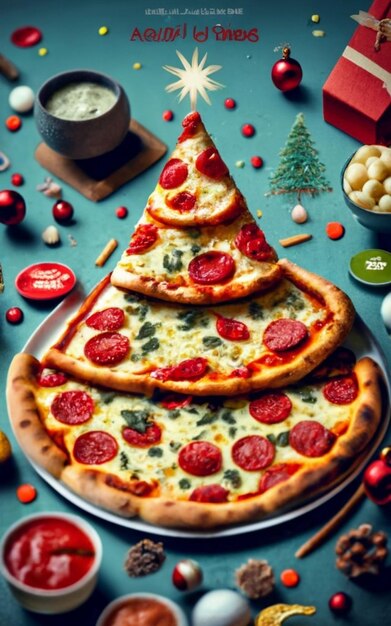 Pizza slice top view isolated on cristmas background