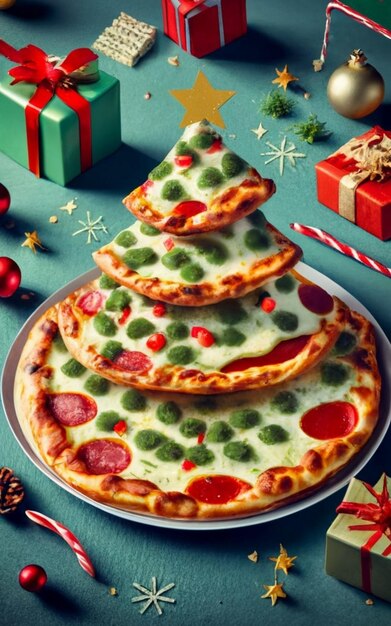 Pizza slice top view isolated on cristmas background