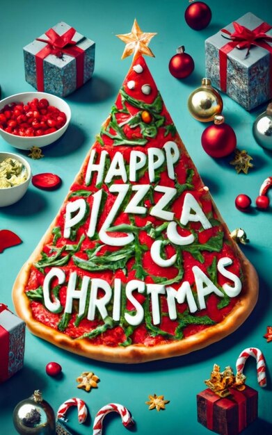 Pizza slice top view isolated on cristmas background