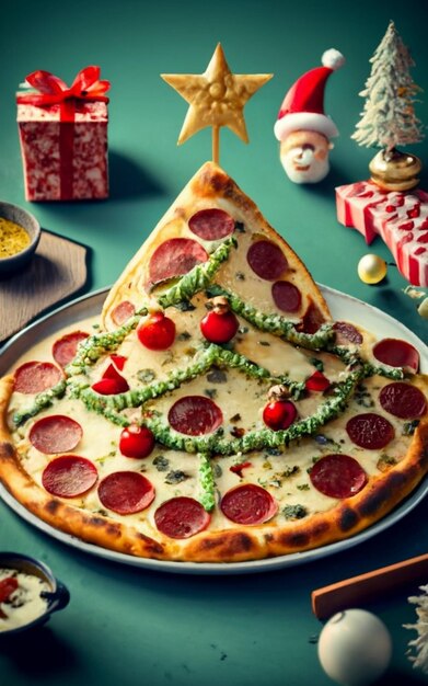 Photo pizza slice top view isolated on cristmas background