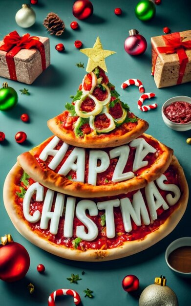 Photo pizza slice top view isolated on cristmas background