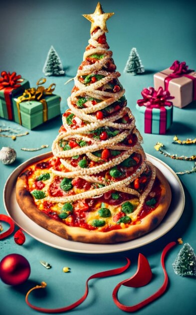 Pizza slice top view isolated on cristmas background