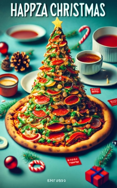 Foto vista superiore della fetta di pizza isolata sullo sfondo di natale