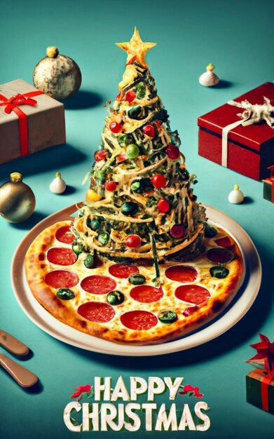 Photo pizza slice top view isolated on cristmas background