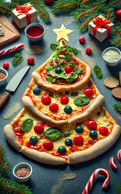 Photo pizza slice top view isolated on cristmas background