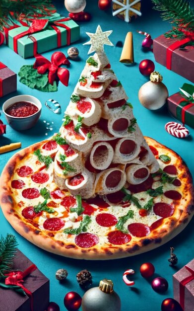 Photo pizza slice top view isolated on cristmas background