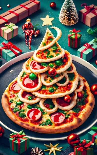 Foto vista superiore della fetta di pizza isolata sullo sfondo di natale