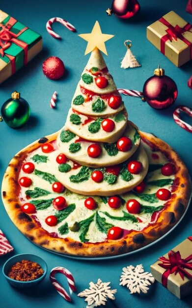 Photo pizza slice top view isolated on cristmas background