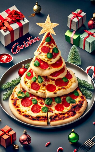 Photo pizza slice top view isolated on cristmas background