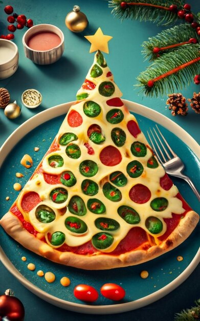 Pizza slice top view isolated on cristmas background