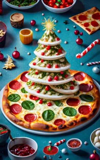 Photo pizza slice top view isolated on cristmas background