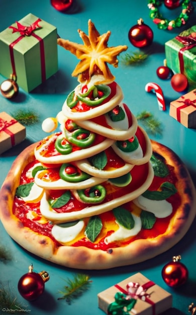 Photo pizza slice top view isolated on cristmas background