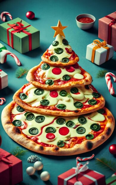 Pizza slice top view isolated on cristmas background