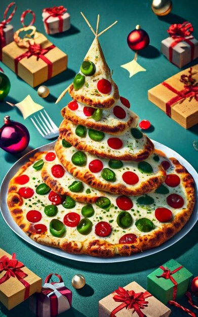 Pizza slice top view isolated on cristmas background