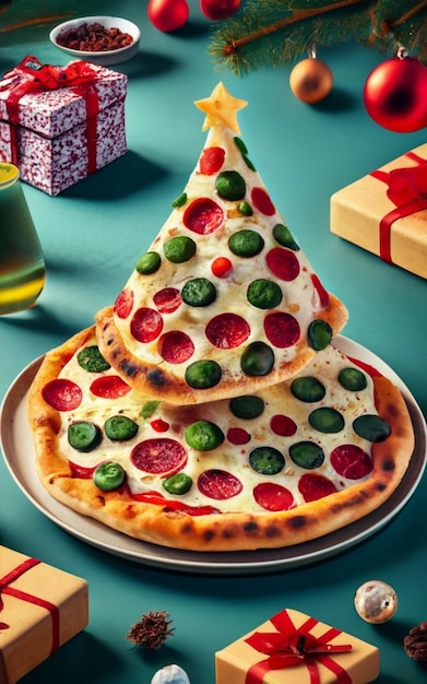 Pizza slice top view isolated on cristmas background