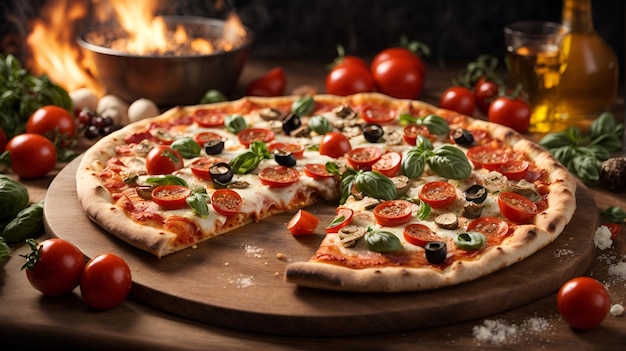 トマトソースとトウモロコシで伝統的なペペロニのピザスライス 美味しい1