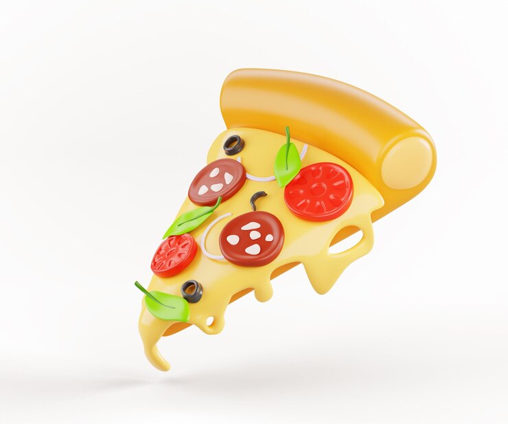 Photo pizza slice with flowing melted cheese and basil leaves 3d render icon italian food snack margherita or pepperoni for menu with tomato sausage olive and hot cheddar or parmesan 3d illustration