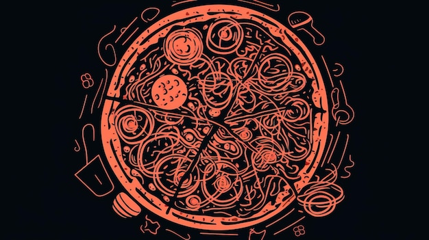 Photo pizza sliced graphic contour illustration on a dark black background isolate ai generated