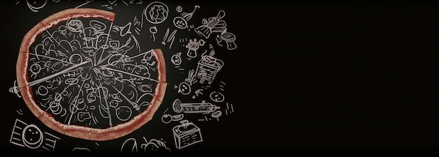 Фото Нарезанная пицца графическая контурная иллюстрация на темном черном фоне изолирует сгенерированный ai