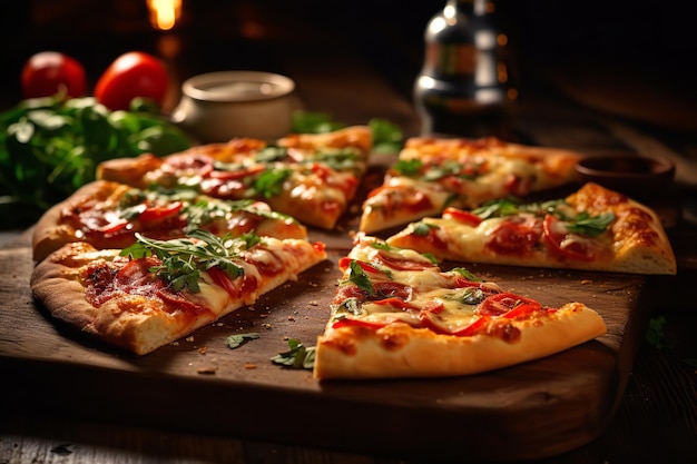 Pizza Slices on a Rustic Wooden Board